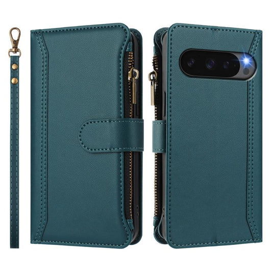 For Google Pixel 10 Pro XL 5G Magnetic Closure 9 Card Slots Zipper Leather Case with Hand Strap(Dark Green) - Google Cases by buy2fix | Online Shopping UK | buy2fix