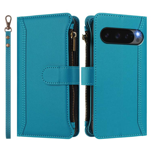 For Google Pixel 10 Pro XL 5G Magnetic Closure 9 Card Slots Zipper Leather Case with Hand Strap(Turquoise) - Google Cases by buy2fix | Online Shopping UK | buy2fix