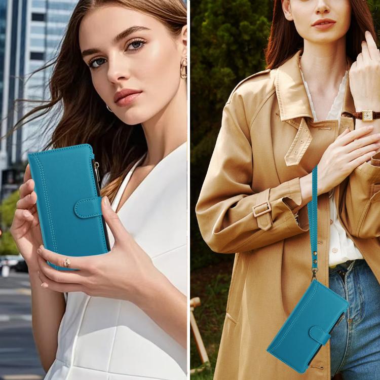 For Google Pixel 10 Pro XL 5G Magnetic Closure 9 Card Slots Zipper Leather Case with Hand Strap(Turquoise) - Google Cases by buy2fix | Online Shopping UK | buy2fix