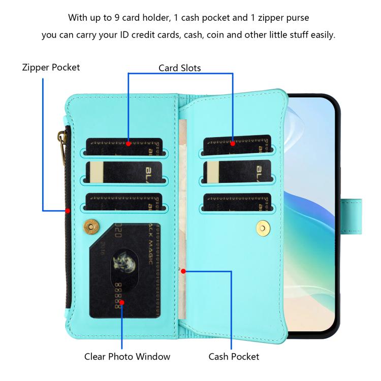 For Google Pixel 10 Pro XL 5G Magnetic Closure 9 Card Slots Zipper Leather Case with Hand Strap(Mint Green) - Google Cases by buy2fix | Online Shopping UK | buy2fix