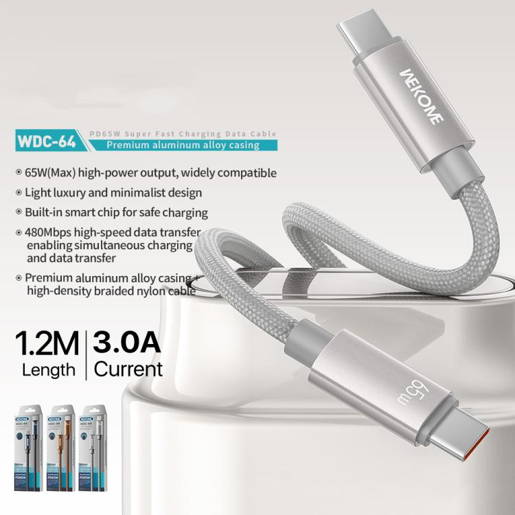 WK WDC-64 PD65W Type-C to Type-C Fast Charging Data Cable, Length: 1.2m(Grey) - USB-C & Type-C Cable by WK | Online Shopping UK | buy2fix