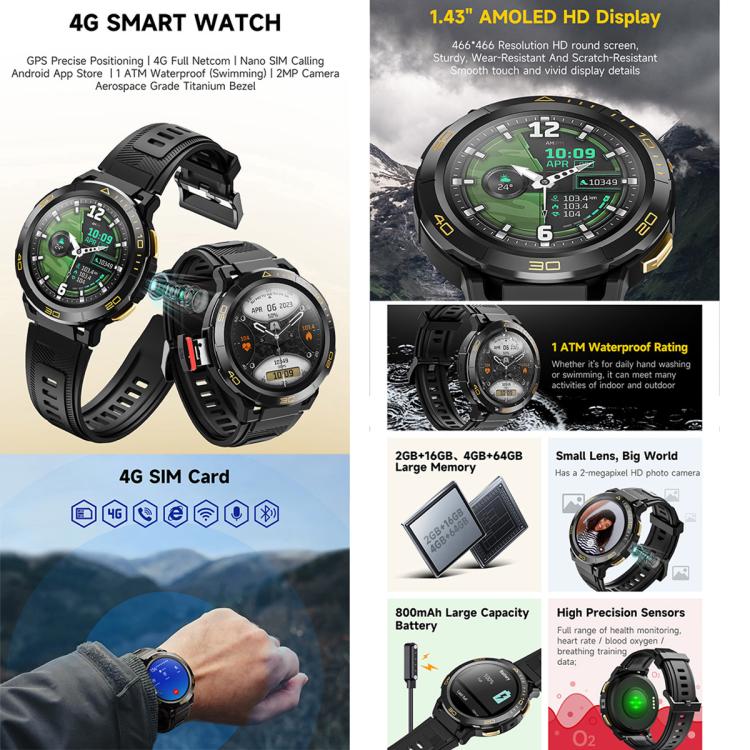 UNIWA DM300 4G Android Watch Phone, 2GB+16GB, 1.43 inc Unisoc SL8541E Quad Core, Support Heart Rate / Blood Oxygen(Black) - Smart Watches by UNIWA | Online Shopping UK | buy2fix