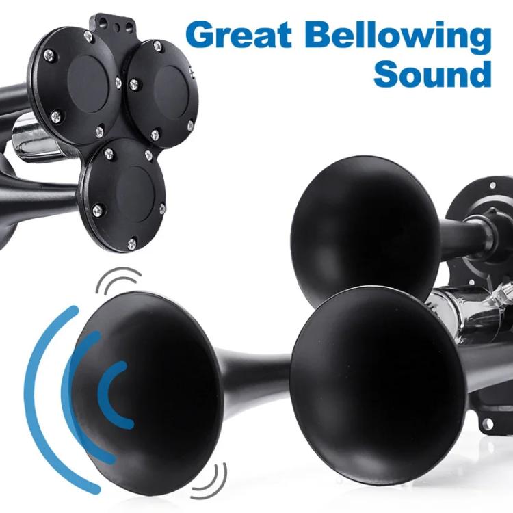 12V / 24V 600dB Car / Truck 3-Trumpet Super Loud Electric Horn, with M6 Air Nozzle and Leather Hose(Black) - Security Alarm System by buy2fix | Online Shopping UK | buy2fix