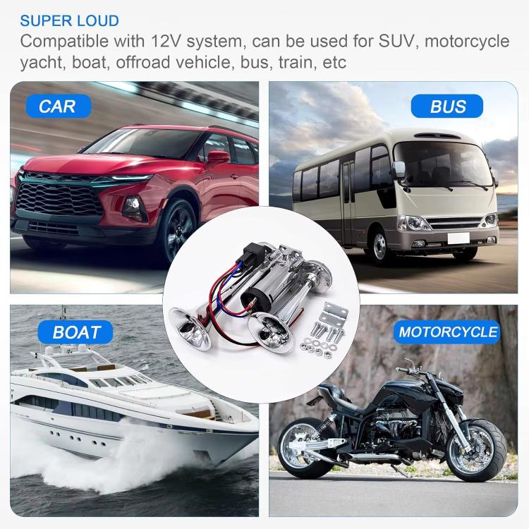 12V / 24V 600dB Car / Truck 3-Trumpet Super Loud Electric Horn, with M6 Air Nozzle and Leather Hose(Black) - Security Alarm System by buy2fix | Online Shopping UK | buy2fix