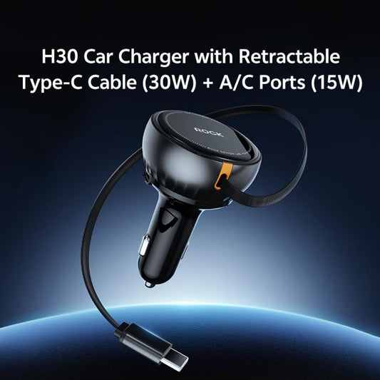 ROCK H30 45W USB-A Type-C Ports Car Charger with Retractable Type-C Cable(Black) - Car Charger by ROCK | Online Shopping UK | buy2fix