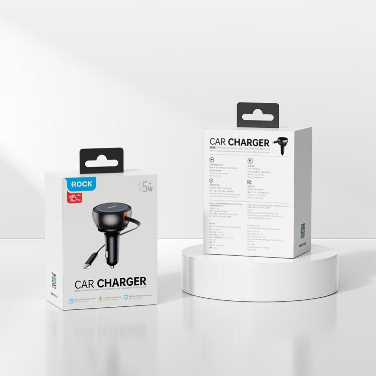 ROCK H30 45W USB-A Type-C Ports Car Charger with Retractable Type-C Cable(Black) - Car Charger by ROCK | Online Shopping UK | buy2fix