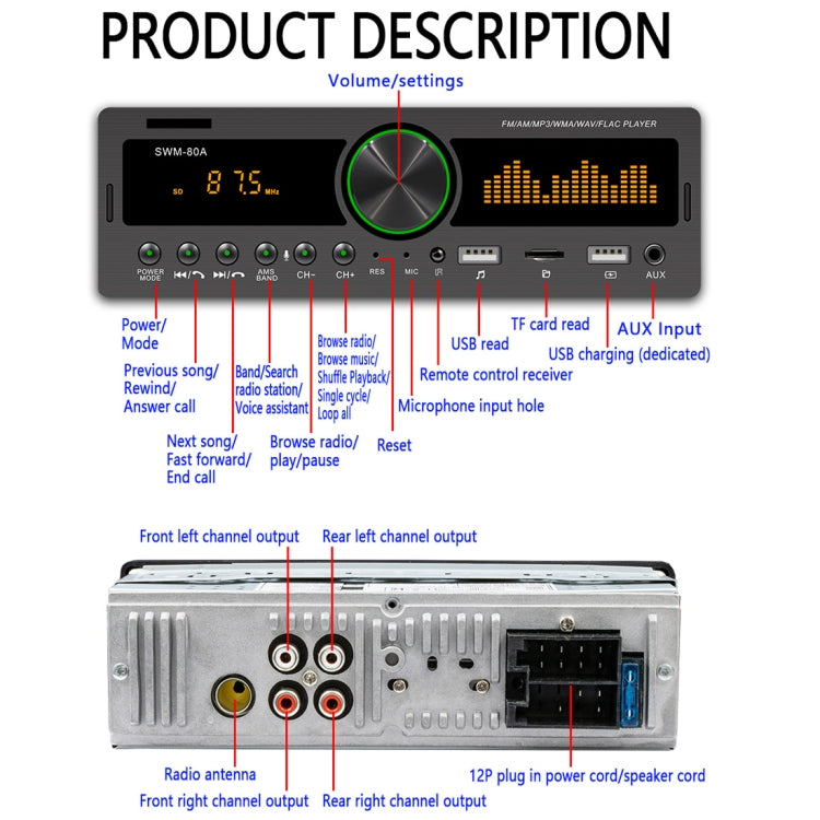 SWM-80A DC12V Car MP3 Support FM / AM & Bluetooth & Mobile Phone Voice Assistant - Car MP3 & MP4 & MP5 by buy2fix | Online Shopping UK | buy2fix