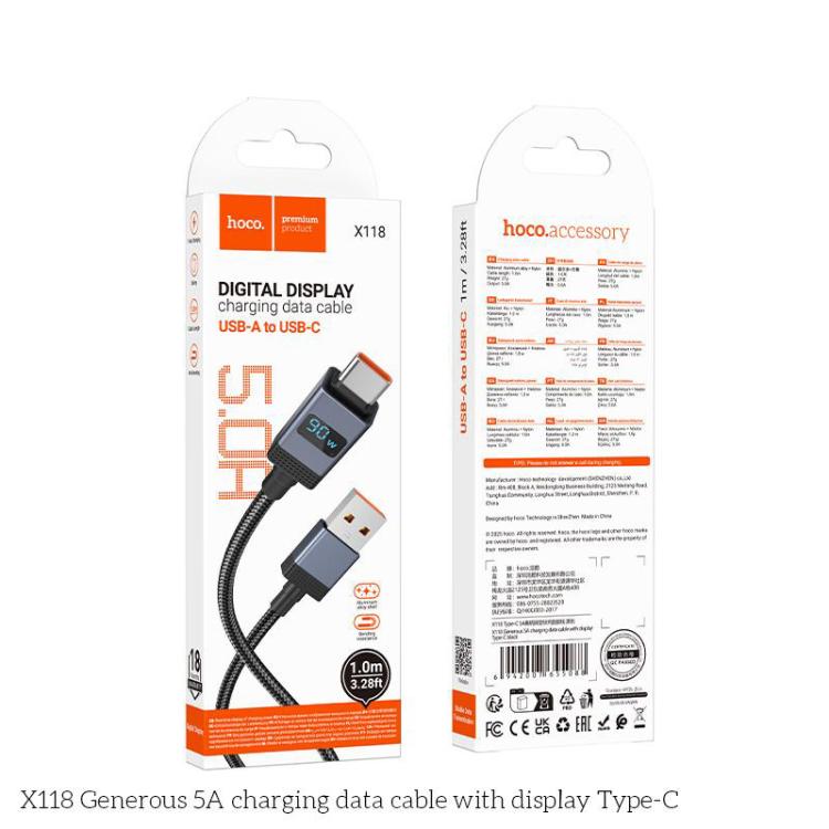 hoco X118 Generous 1m 5A Fast Charging Data Cable with Display, Interface:USB to Type-C(Black) - USB-C & Type-C Cable by hoco | Online Shopping UK | buy2fix