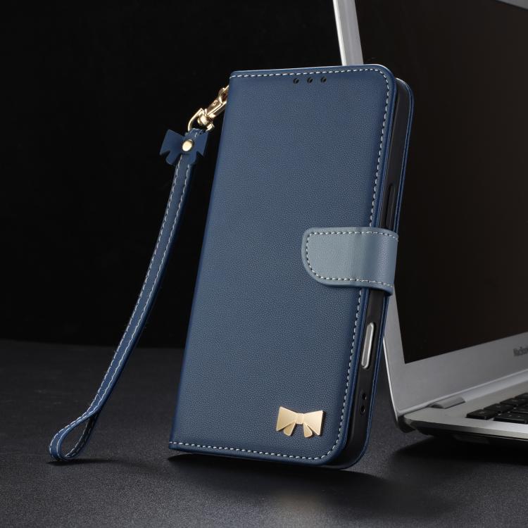 For iPhone Air Metal Bow Leather Phone Case with Hand Strap(Dark Blue) - iPhone Air Cases by buy2fix | Online Shopping UK | buy2fix