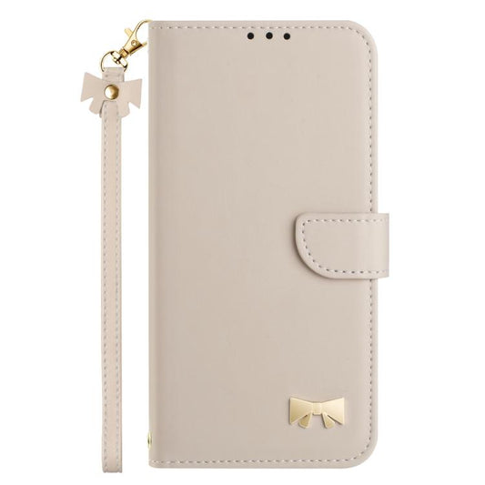 For iPhone Air Metal Bow Leather Phone Case with Hand Strap(Apricot) - iPhone Air Cases by buy2fix | Online Shopping UK | buy2fix