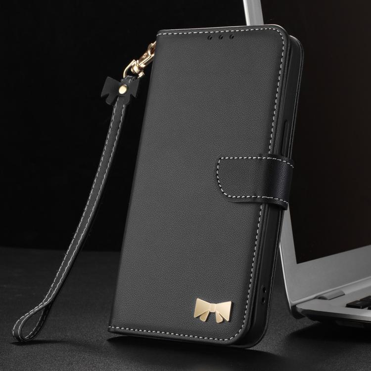 For Google Pixel 10 Pro / 9 Pro Metal Bow Leather Phone Case with Hand Strap(Black) - Google Cases by buy2fix | Online Shopping UK | buy2fix