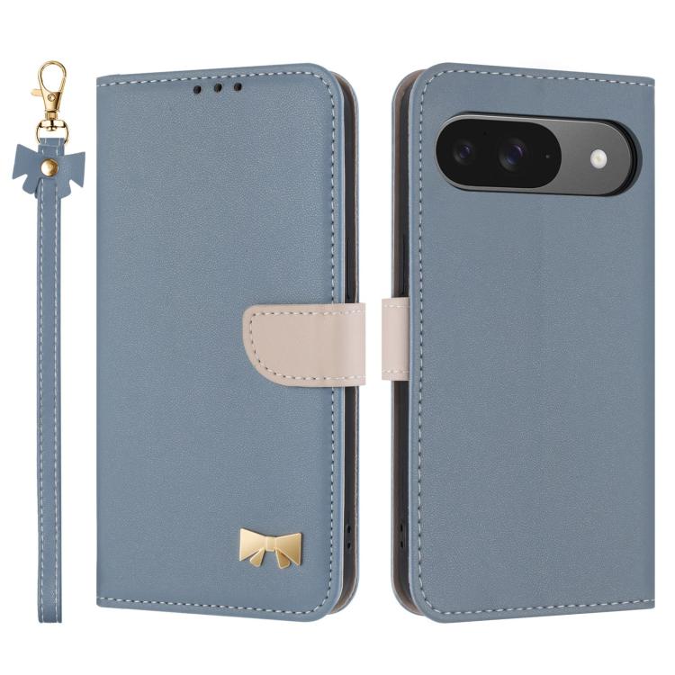 For Google Pixel 10 Pro / 9 Pro Metal Bow Leather Phone Case with Hand Strap(Light Blue) - Google Cases by buy2fix | Online Shopping UK | buy2fix