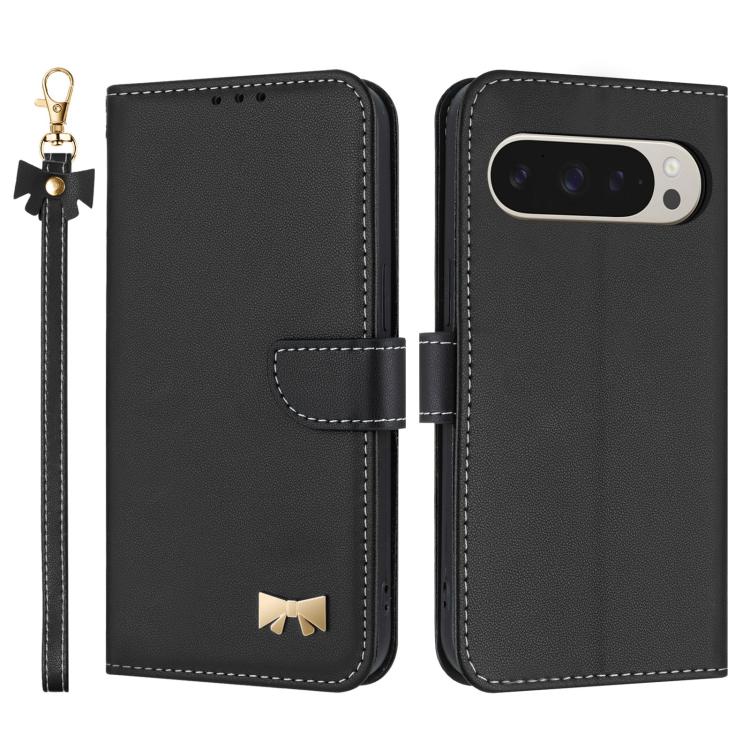 For Google Pixel 10 Pro XL / 9 Pro XL Metal Bow Leather Phone Case with Hand Strap(Black) - Google Cases by buy2fix | Online Shopping UK | buy2fix