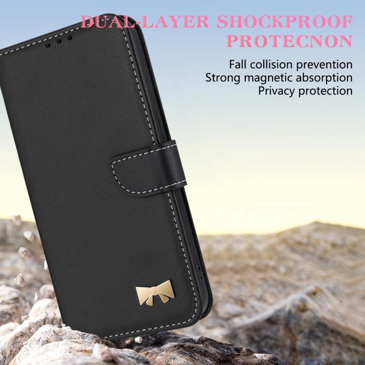 For Google Pixel 10 Pro XL / 9 Pro XL Metal Bow Leather Phone Case with Hand Strap(Black) - Google Cases by buy2fix | Online Shopping UK | buy2fix