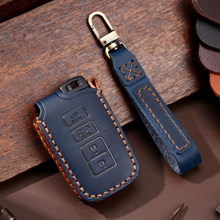 For Toyota North American 3+1-button C013 Crazy Horse Cowhide Car Key Protection Cover(Blue) - Car Key Cases by Hallmo | Online Shopping UK | buy2fix