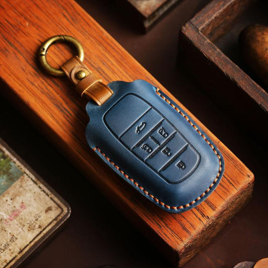 For Toyota Alphard Hallmo Crazy Horse Cowhide Car Key Protection Cover(4-button Blue) - Car Key Cases by Hallmo | Online Shopping UK | buy2fix