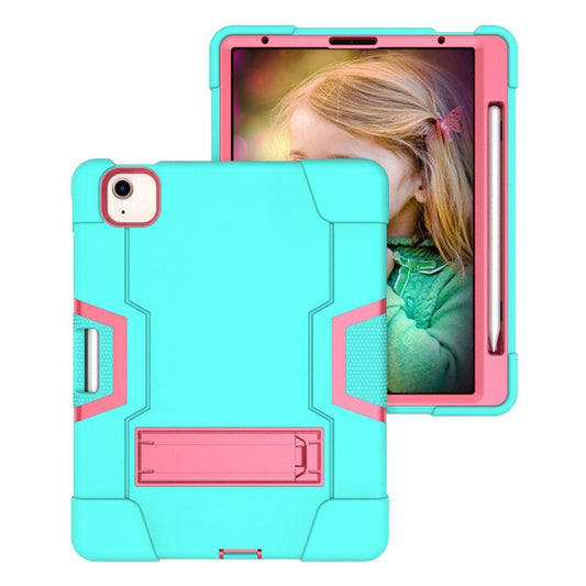 For iPad Air 2022 / 2020 10.9 Contrast Color Robot Shockproof Silicon + PC Protective Case with Holder & Pen Slot(Mint Green + Rose Red) - iPad Air (2022) / (2020) 10.9 Cases by buy2fix | Online Shopping UK | buy2fix