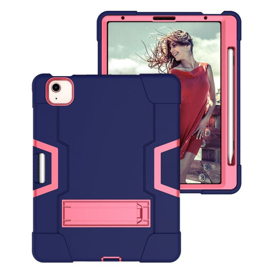 For iPad Air 2022 / 2020 10.9 Contrast Color Robot Shockproof Silicon + PC Protective Case with Holder & Pen Slot(Navy Blue + Rose Red) - iPad Air (2022) / (2020) 10.9 Cases by buy2fix | Online Shopping UK | buy2fix
