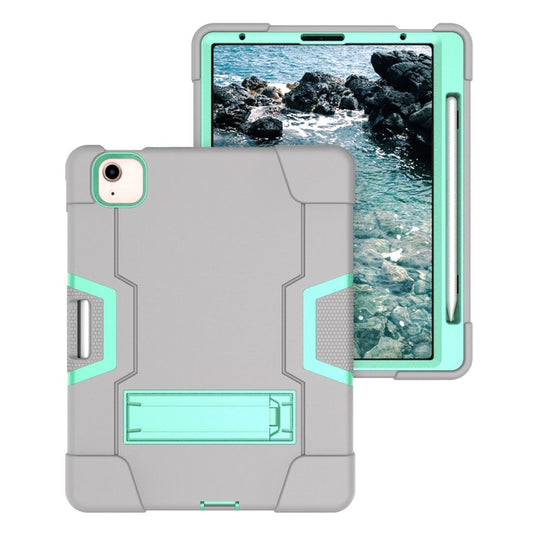 For iPad Air 2022 / 2020 10.9 Contrast Color Robot Shockproof Silicon + PC Protective Case with Holder & Pen Slot(Grey + Mint Green) - iPad Air (2022) / (2020) 10.9 Cases by buy2fix | Online Shopping UK | buy2fix
