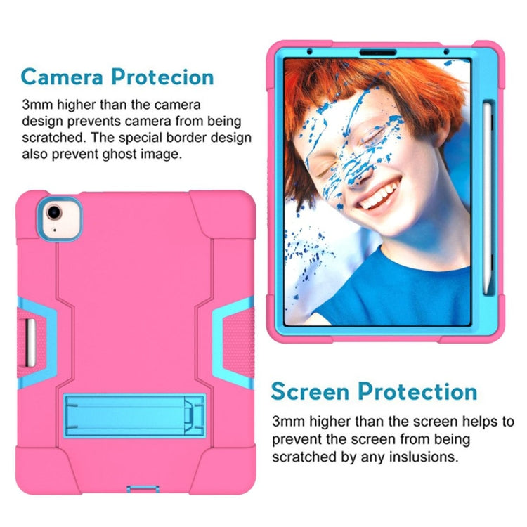 For iPad Air 2022 / 2020 10.9 Contrast Color Robot Shockproof Silicon + PC Protective Case with Holder & Pen Slot(Rose Red + Blue) - iPad Air (2022) / (2020) 10.9 Cases by buy2fix | Online Shopping UK | buy2fix