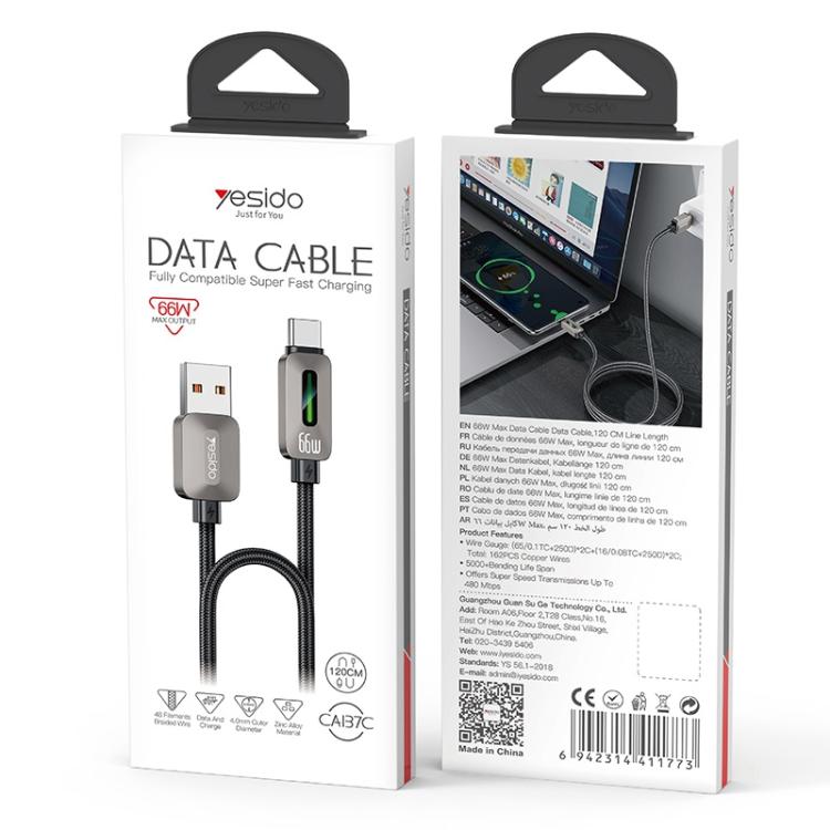 Yesido CA137C 66W USB to Type-C Streamer Light Data Cable, Length: 1.2m(Grey) - USB-C & Type-C Cable by Yesido | Online Shopping UK | buy2fix
