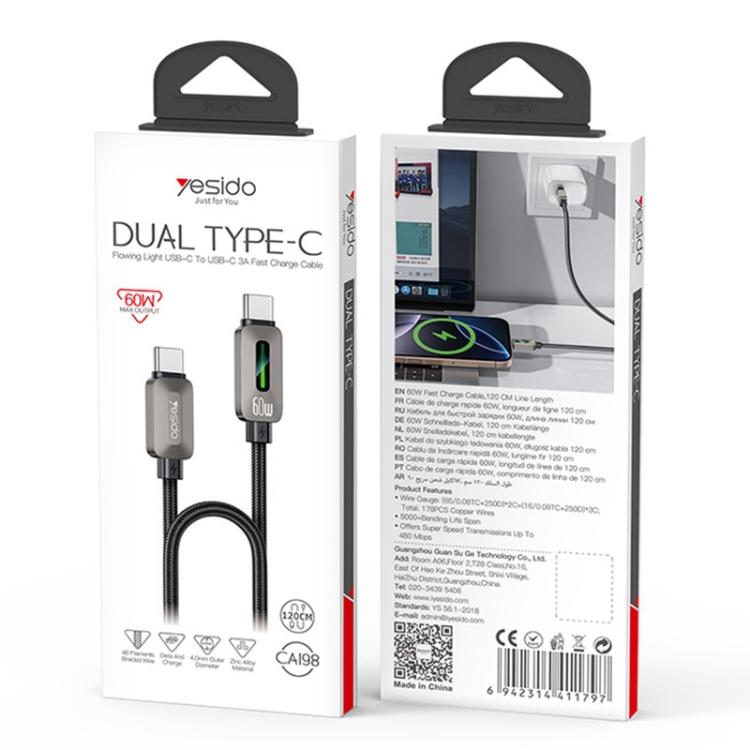 Yesido CA198 60W Type-C to Type-C Streamer Light Data Cable, Length: 1.2m(Grey) - USB-C & Type-C Cable by Yesido | Online Shopping UK | buy2fix