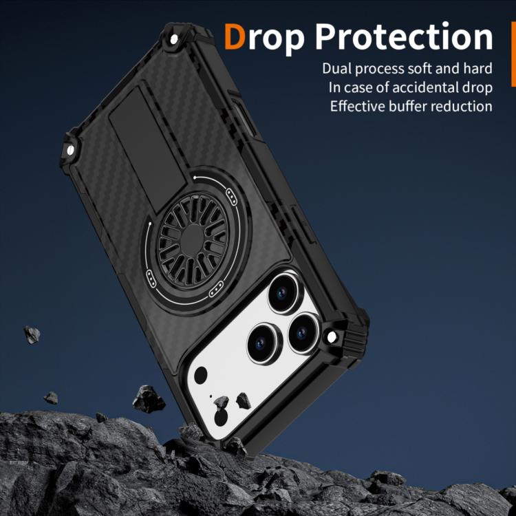 For iPhone 17 Pro Max Camouflage Kickstand Rotating Shaft MagSafe Phone Case(Carbon Fiber Black) - iPhone 17 Pro Max Cases by buy2fix | Online Shopping UK | buy2fix