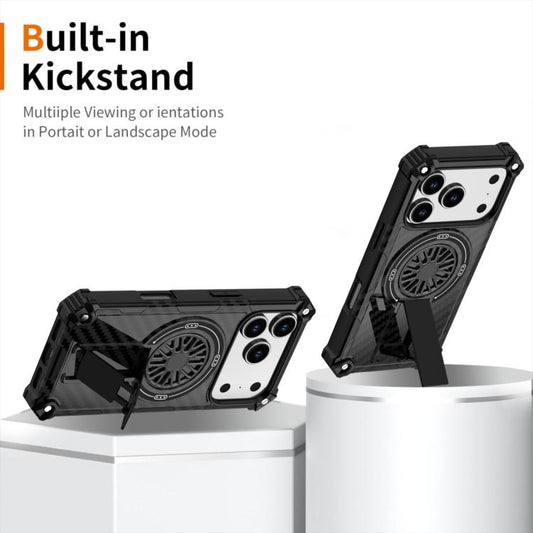 For iPhone 17 Pro Camouflage Kickstand Rotating Shaft MagSafe Phone Case(Carbon Fiber Black) - iPhone 17 Pro Cases by buy2fix | Online Shopping UK | buy2fix