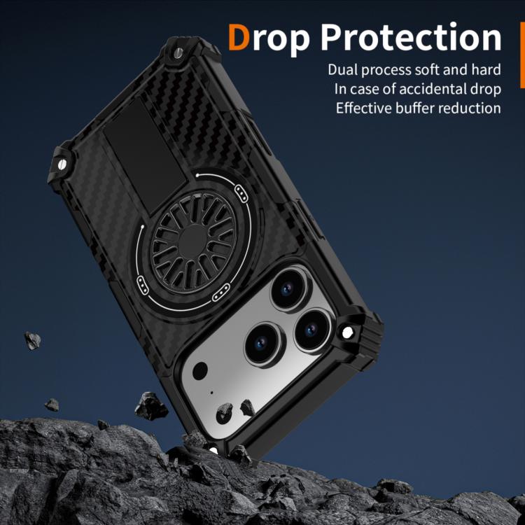 For iPhone 17 Pro Camouflage Kickstand Rotating Shaft MagSafe Phone Case(Carbon Fiber Black) - iPhone 17 Pro Cases by buy2fix | Online Shopping UK | buy2fix