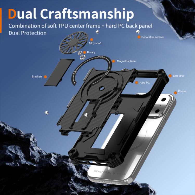 For iPhone 17 Pro Camouflage Kickstand Rotating Shaft MagSafe Phone Case(Carbon Fiber Black) - iPhone 17 Pro Cases by buy2fix | Online Shopping UK | buy2fix