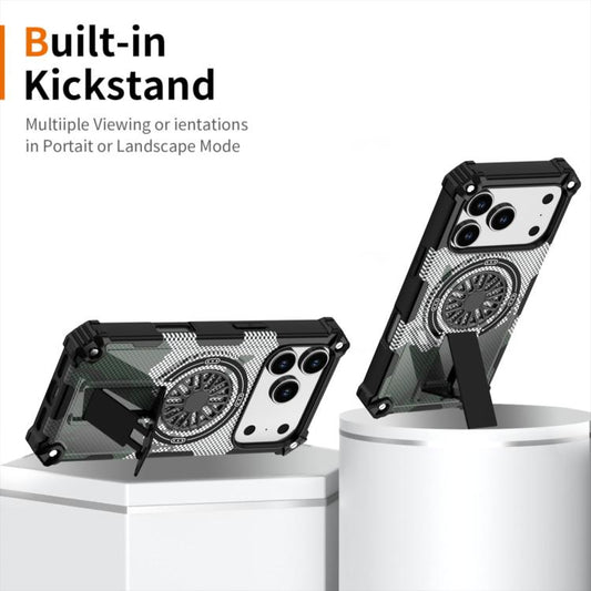 For iPhone 17 Pro Camouflage Kickstand Rotating Shaft MagSafe Phone Case(Carbon Fiber Grey) - iPhone 17 Pro Cases by buy2fix | Online Shopping UK | buy2fix