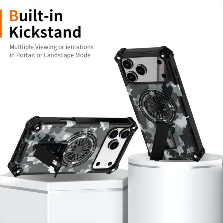 For iPhone 17 Camouflage Kickstand Rotating Shaft MagSafe Phone Case(Grey Camouflage) - iPhone 17 Cases by buy2fix | Online Shopping UK | buy2fix