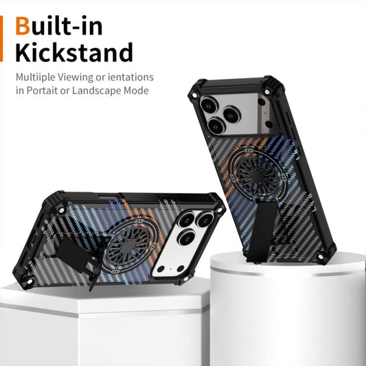 For iPhone 17 Camouflage Kickstand Rotating Shaft MagSafe Phone Case(Carbon Fiber Rainbow) - iPhone 17 Cases by buy2fix | Online Shopping UK | buy2fix