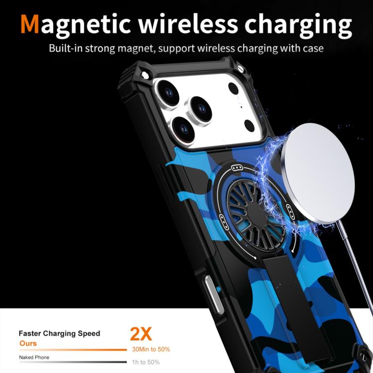 For iPhone 17 Camouflage Kickstand Rotating Shaft MagSafe Phone Case(Carbon Fiber Sky Blue) - iPhone 17 Cases by buy2fix | Online Shopping UK | buy2fix