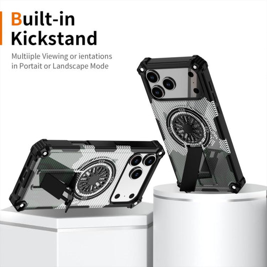 For iPhone 17 Camouflage Kickstand Rotating Shaft MagSafe Phone Case(Carbon Fiber Grey) - iPhone 17 Cases by buy2fix | Online Shopping UK | buy2fix