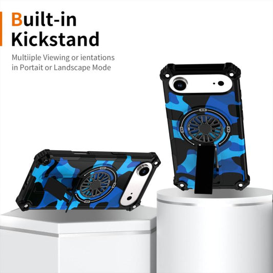 For iPhone Air Camouflage Kickstand Rotating Shaft MagSafe Phone Case(Carbon Fiber Sky Blue) - iPhone Air Cases by buy2fix | Online Shopping UK | buy2fix