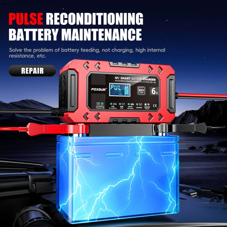 FOXSUR FBC1206F 12V 6A Car Motorcycle Battery Charger Smart Repair Multi-function Charger, EU Plug(Red) - Battery Charger by FOXSUR | Online Shopping UK | buy2fix