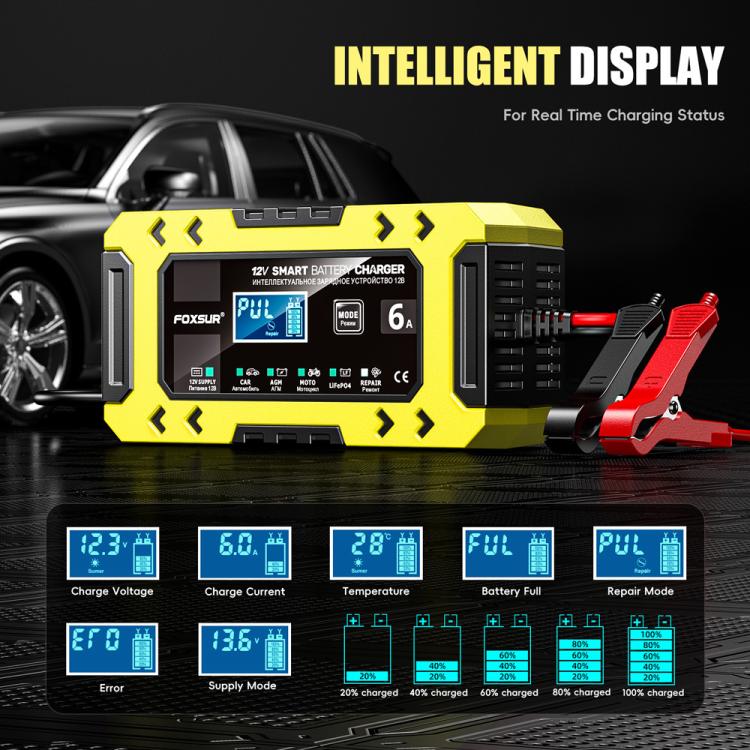 FOXSUR FBC1206F 12V 6A Car Motorcycle Battery Charger Smart Repair Multi-function Charger, US Plug(Yellow) - Battery Charger by FOXSUR | Online Shopping UK | buy2fix