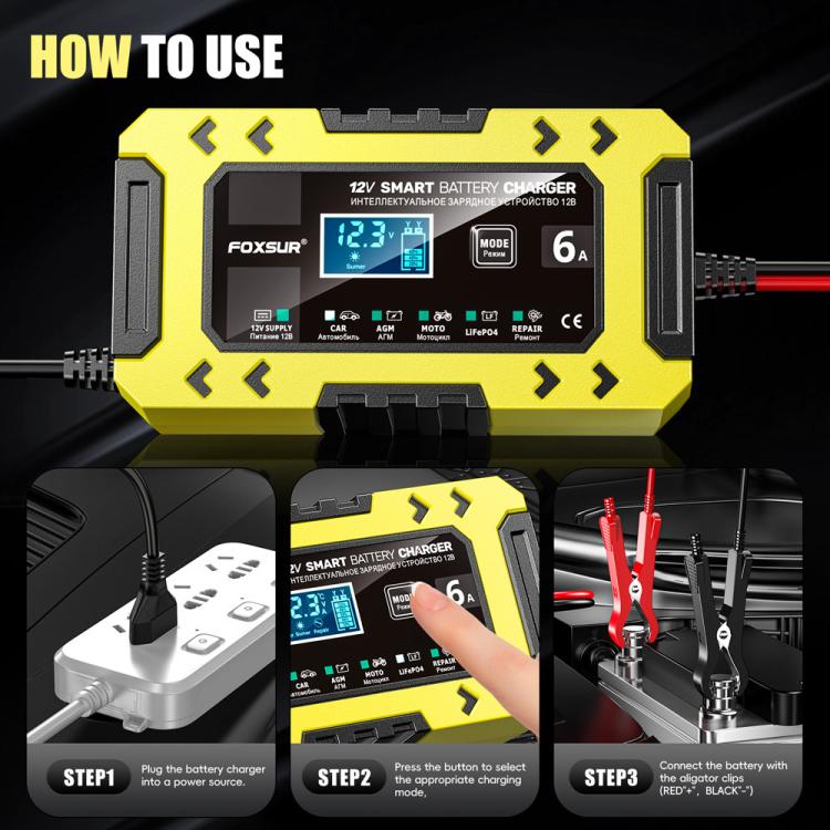 FOXSUR FBC1206F 12V 6A Car Motorcycle Battery Charger Smart Repair Multi-function Charger, US Plug(Yellow) - Battery Charger by FOXSUR | Online Shopping UK | buy2fix