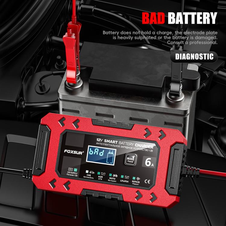 FOXSUR FBC1206F 12V 6A Car Motorcycle Battery Charger Smart Repair Multi-function Charger, UK Plug(Red) - Battery Charger by FOXSUR | Online Shopping UK | buy2fix
