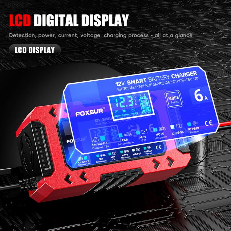FOXSUR FBC1206F 12V 6A Car Motorcycle Battery Charger Smart Repair Multi-function Charger, UK Plug(Red) - Battery Charger by FOXSUR | Online Shopping UK | buy2fix