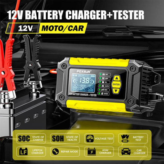 FOXSUR FTC-1206 2 in 1 12V Charging Tester Integrated Machine Car Motorcycle Battery Charger Tester, EU Plug(Yellow) - Battery Charger by FOXSUR | Online Shopping UK | buy2fix