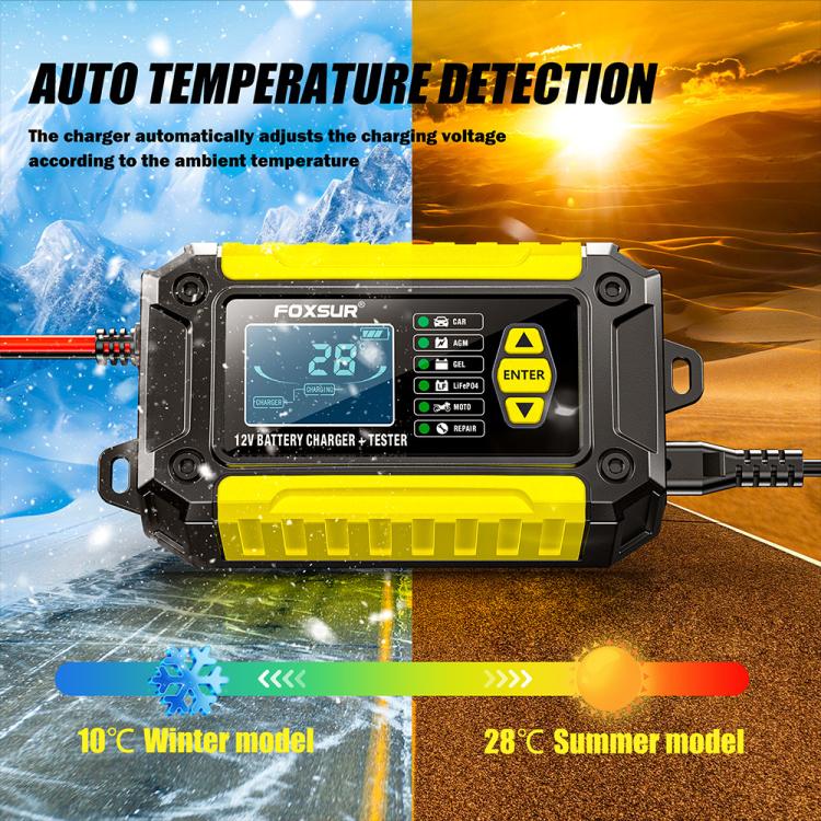 FOXSUR FTC-1206 2 in 1 12V Charging Tester Integrated Machine Car Motorcycle Battery Charger Tester, EU Plug(Yellow) - Battery Charger by FOXSUR | Online Shopping UK | buy2fix
