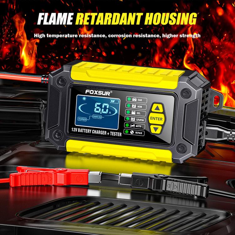 FOXSUR FTC-1206 2 in 1 12V Charging Tester Integrated Machine Car Motorcycle Battery Charger Tester, US Plug(Yellow) - Battery Charger by FOXSUR | Online Shopping UK | buy2fix