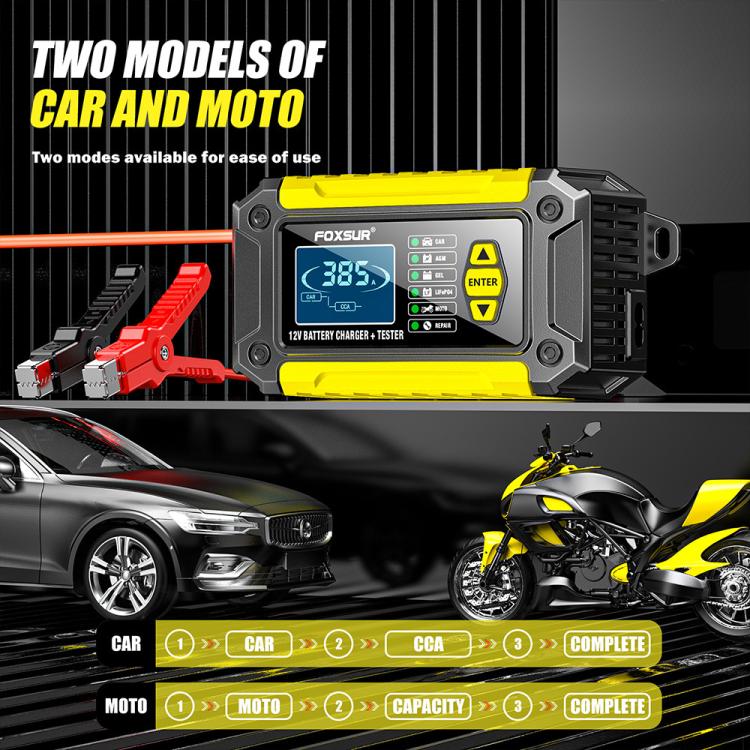 FOXSUR FTC-1206 2 in 1 12V Charging Tester Integrated Machine Car Motorcycle Battery Charger Tester, US Plug(Yellow) - Battery Charger by FOXSUR | Online Shopping UK | buy2fix