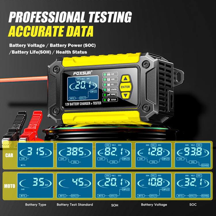 FOXSUR FTC-1206 2 in 1 12V Charging Tester Integrated Machine Car Motorcycle Battery Charger Tester, US Plug(Yellow) - Battery Charger by FOXSUR | Online Shopping UK | buy2fix