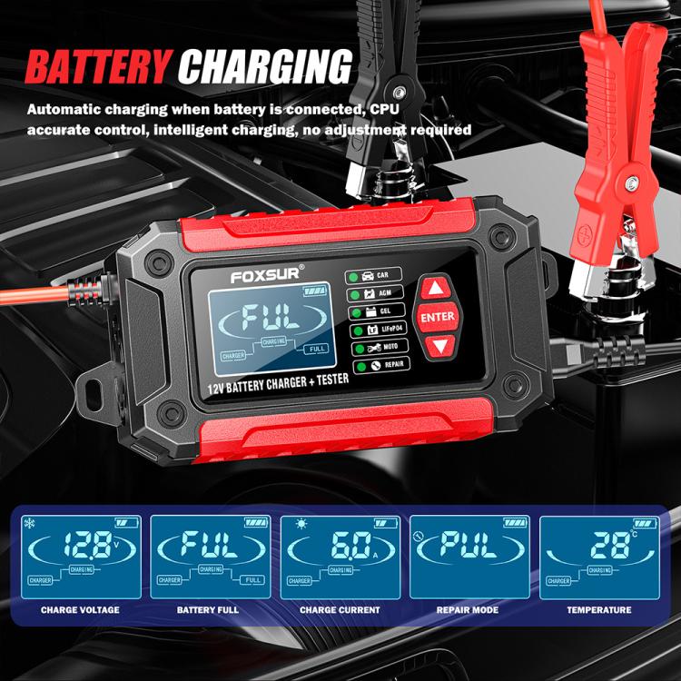 FOXSUR FTC-1206 2 in 1 12V Charging Tester Integrated Machine Car Motorcycle Battery Charger Tester, AU Plug(Red) - Battery Charger by FOXSUR | Online Shopping UK | buy2fix