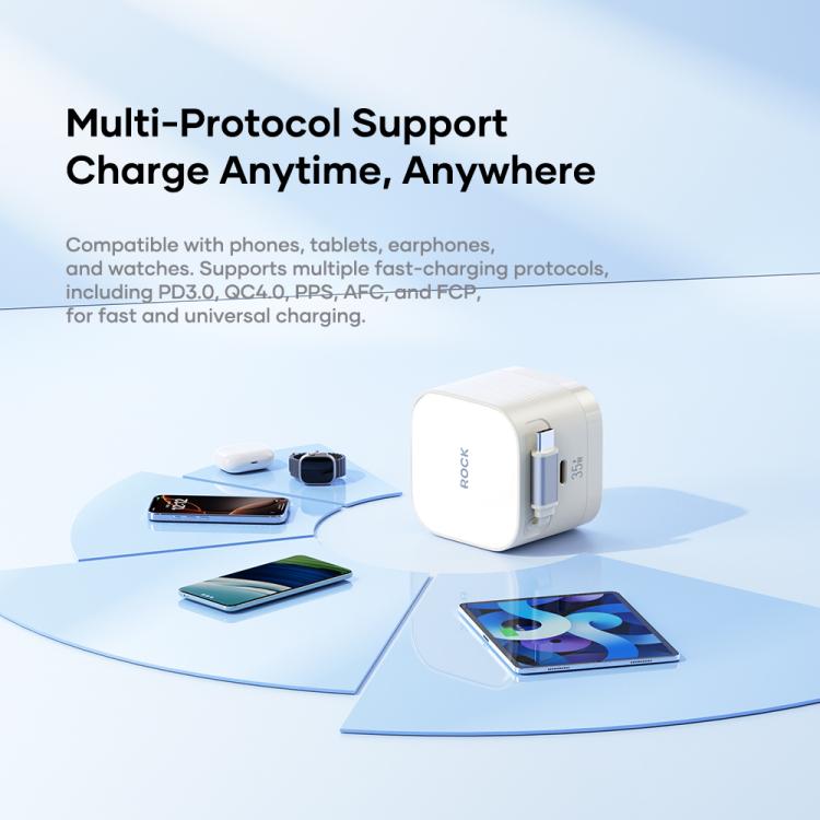 ROCK T90 PD35W Type-C Single Port GaN Wall Charger with Type-C Retractable Cable, UK Plug(Beige) - USB Charger by ROCK | Online Shopping UK | buy2fix