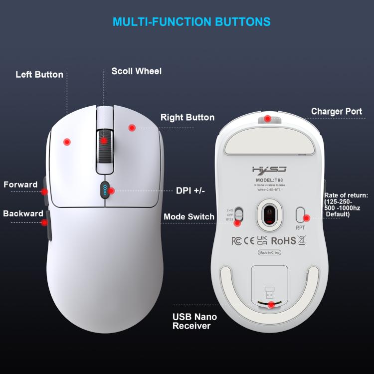 HXSJ T68 3 Modes Wired 2.4G BT5.1 Wireless Lightweight Gaming Mouse(White) - Wireless Mice by HXSJ | Online Shopping UK | buy2fix