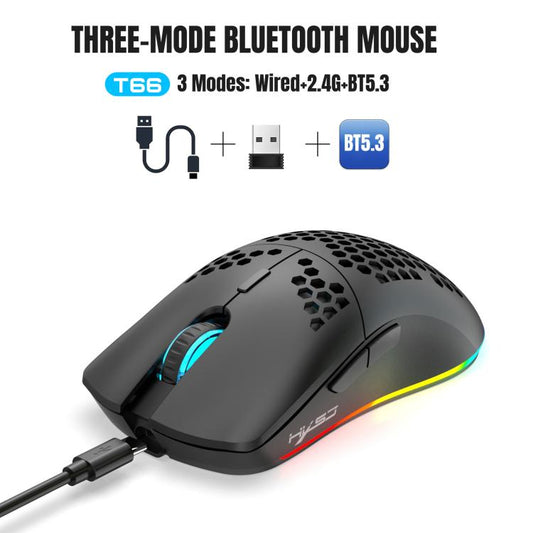 HXSJ T66 3 Modes Wired 2.4G BT5.3 Wireless RGB Rechargeable Mouse(Black) - Wireless Mice by HXSJ | Online Shopping UK | buy2fix